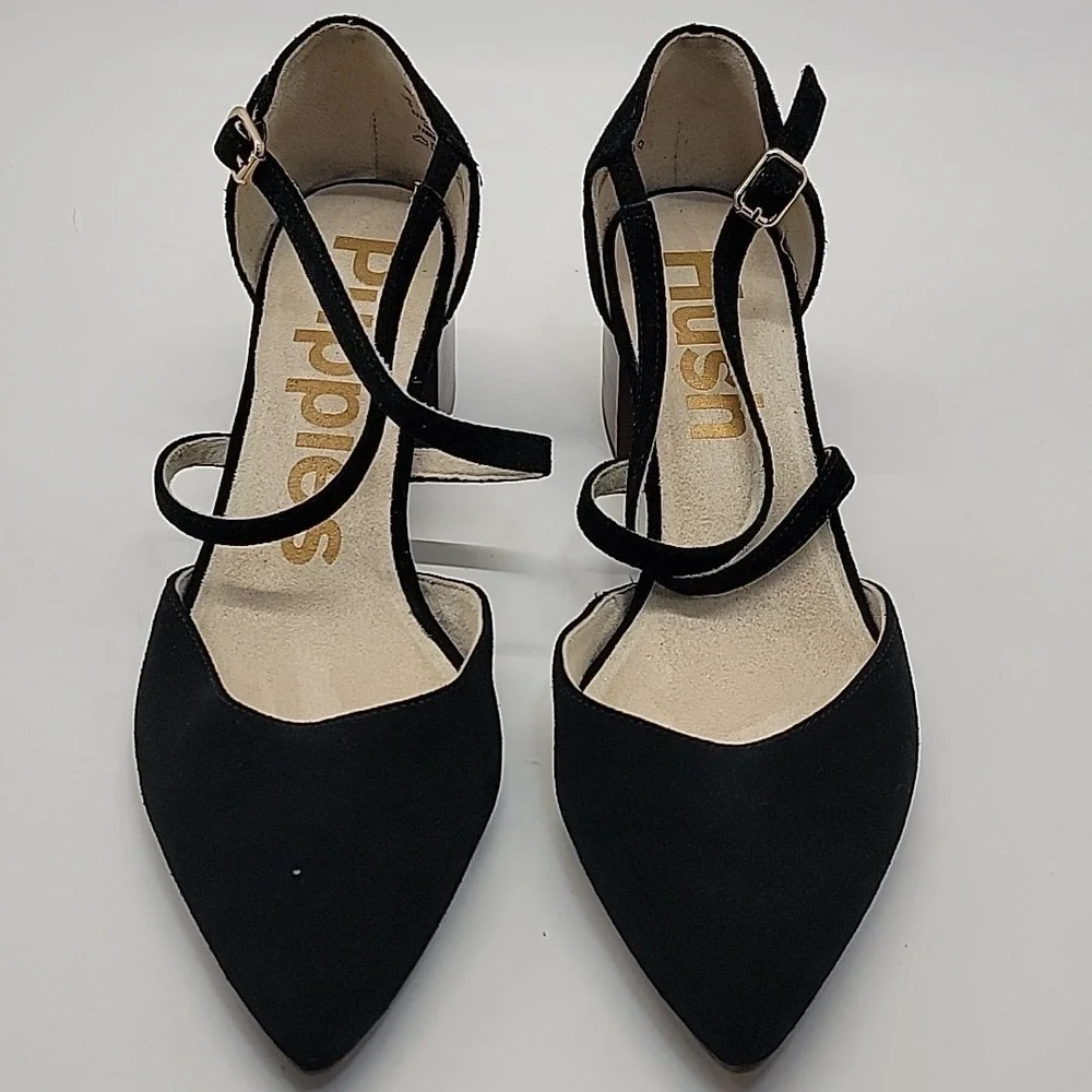 HUSH PUPPIES Sofie Cross Strap Black Suede Leather Womens Sz 9 Mid Block Heels‎